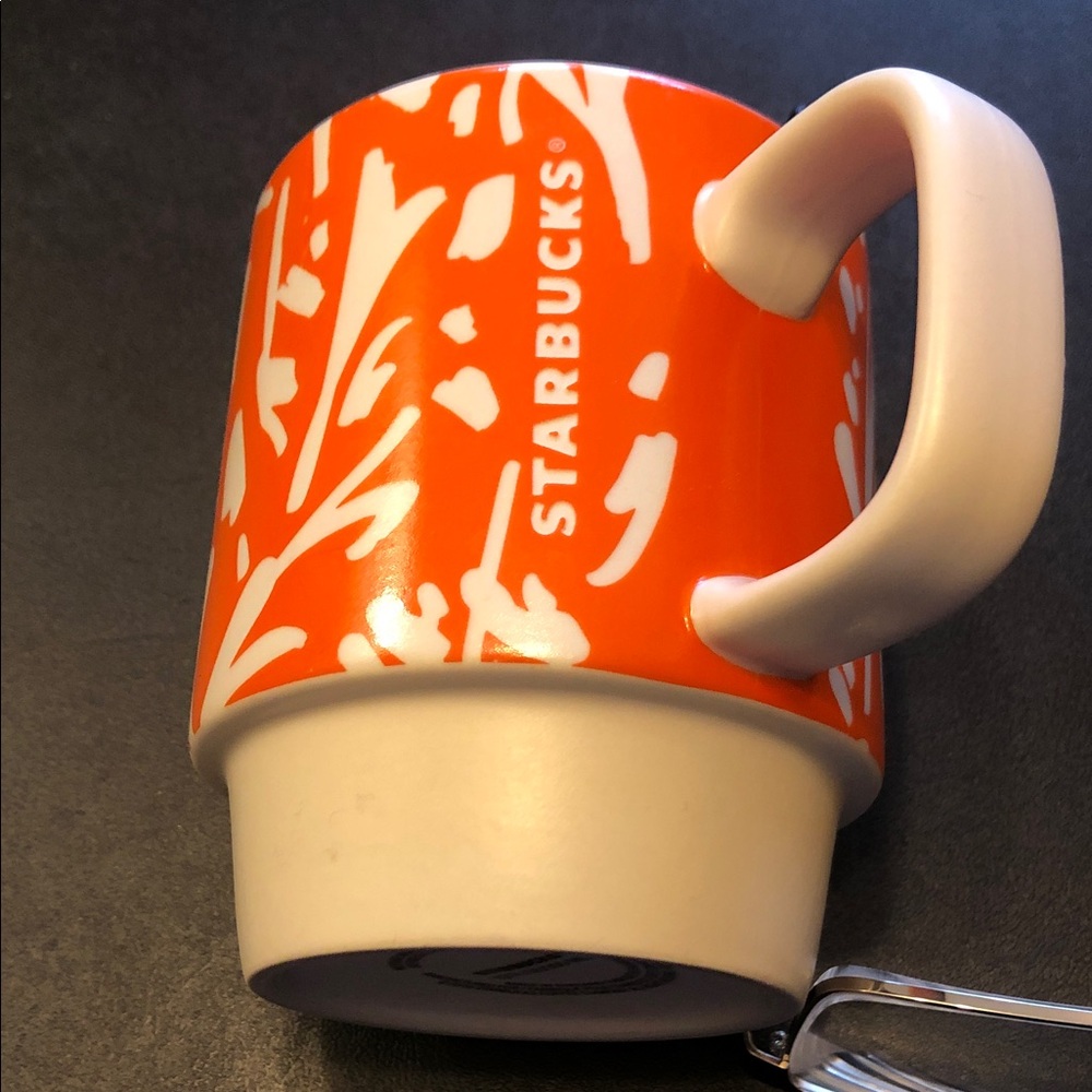 Starbucks Orange and White Floral Ceramic Mug with White Handle